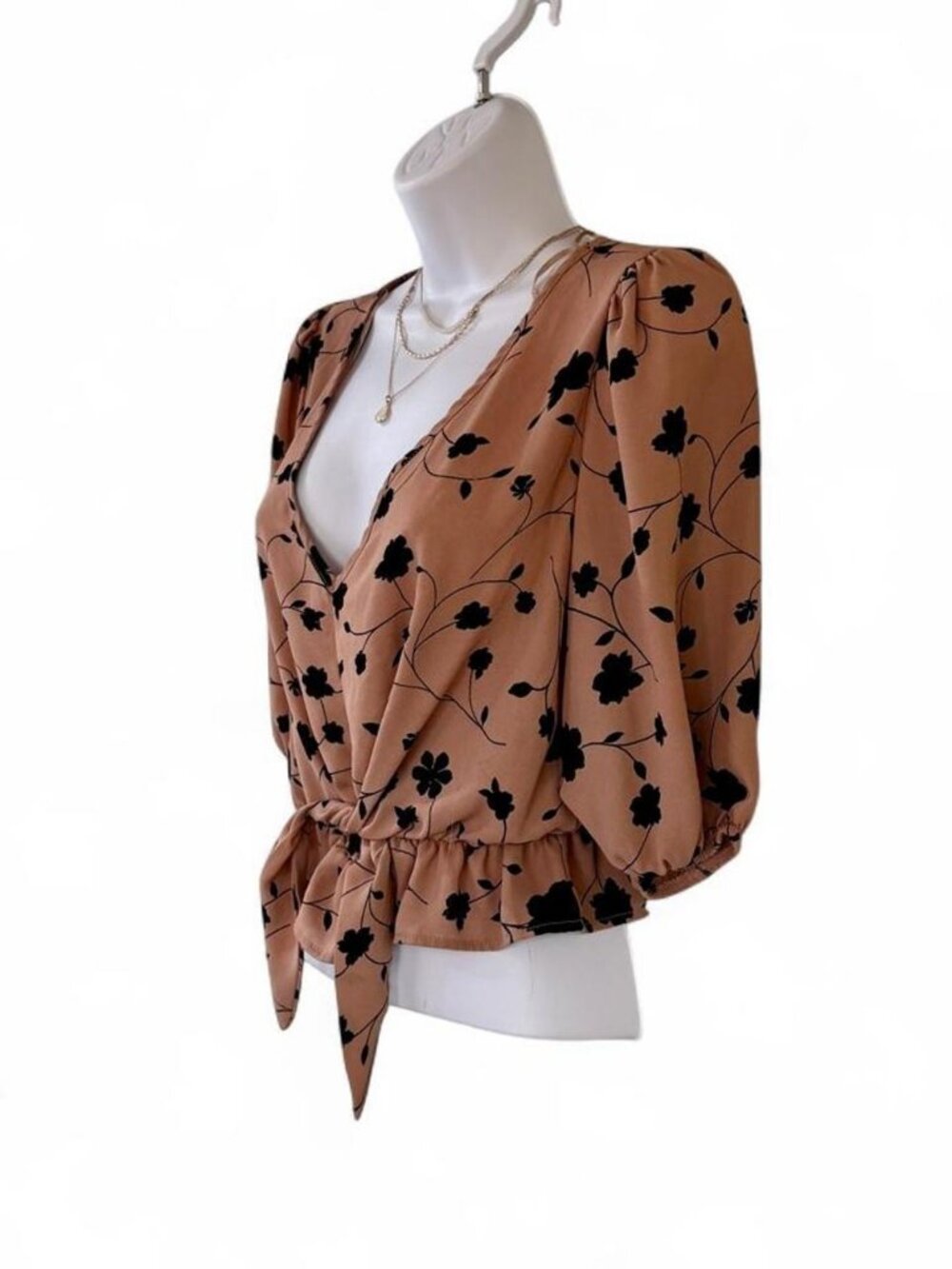 Sienna Sky Tan & Black Floral Tie-Waist Blouse Size XS